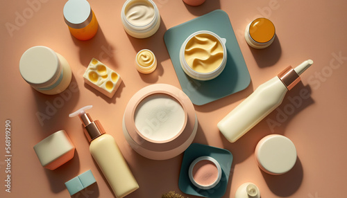 Wallpaper Mural  a table topped with lots of different types of beauty products on top of a pink tablecloth covered in condiments and condiments.  generative ai Torontodigital.ca