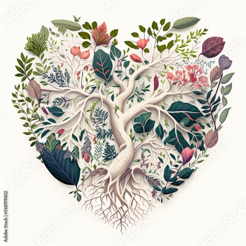 Heart shaped tree of life with leaves, on white background, Valentine's Day, Generative AI