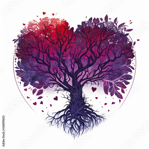 Heart shaped purple and red tree of life on white background, Valentine, generative AI