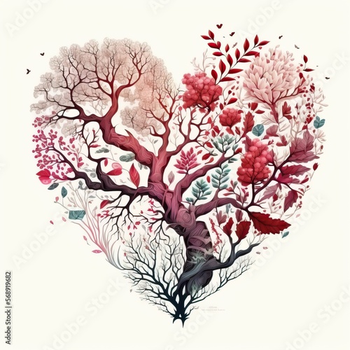 Heart-shaped tree of life on white background, intricate, Valentine, leaves, generative AI