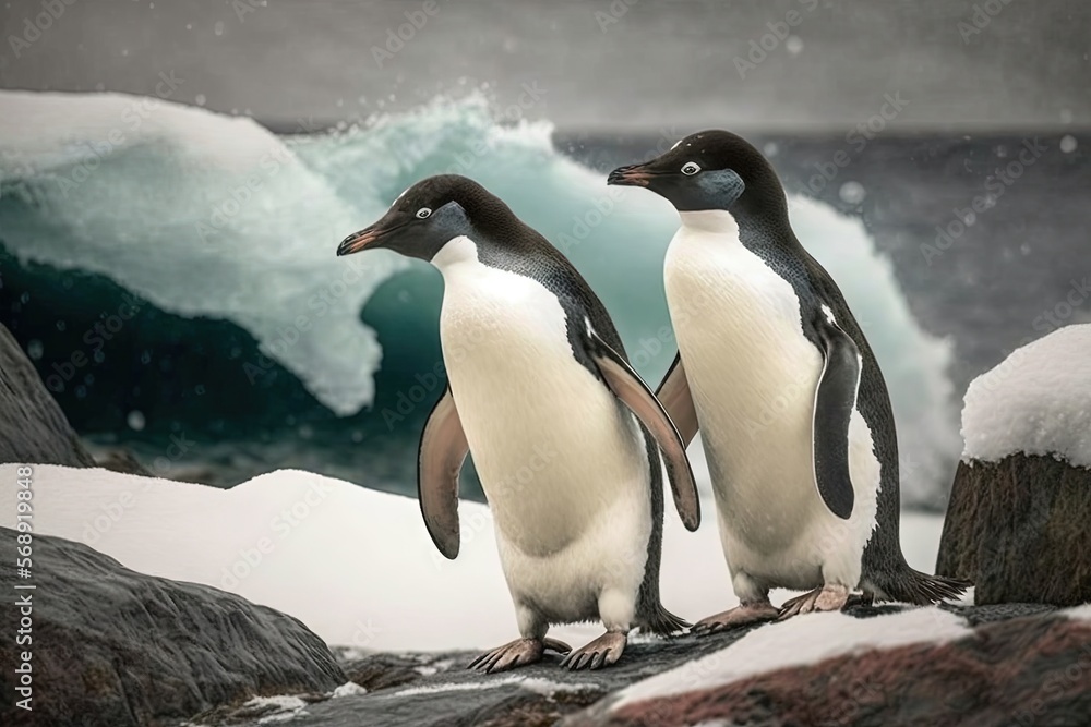 Obraz premium two penguins are standing on a rock near a body of water and icebergs in the background, with snow on the ground, and ice on the ground. generative ai