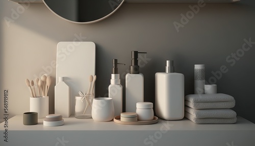  a shelf with a mirror, soap dispenser, soap dispenser, toothbrushes, soap dispenser, and other items.  generative ai © Anna