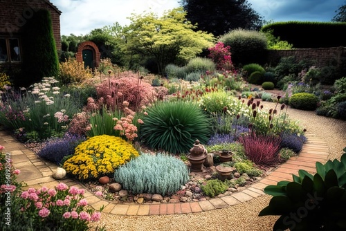  a garden filled with lots of different types of flowers and plants next to a brick walkway and a brick building with a window on the side.  generative ai
