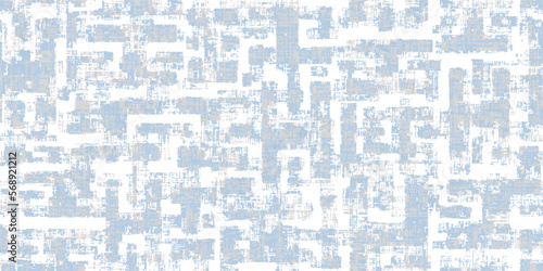 Blue grey abstract maze distressed geometric background. Hand drawn seamless pattern with bold square lines intricate vector background with brush strokes. Irregular maze and labyrinth