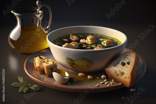  a bowl of soup with bread on a plate and a jug of oil in the background on a black surface with a brown plate with a piece of bread on it. generative ai