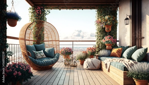 Print op canvas a balcony with a hanging chair and a couch with pillows and pillows on the floor and potted plants on the balcony and a view of the city