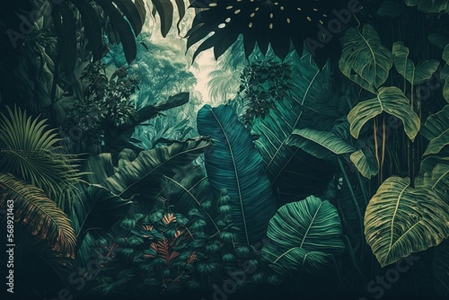 Fototapeta Naklejka Na Ścianę i Meble -   a painting of a jungle scene with lots of green plants and trees in the foreground and a dark sky in the background with a few clouds.  generative ai