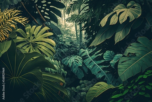  a painting of a jungle scene with lots of green plants and trees in the foreground and a dark sky in the background with a few white clouds.  generative ai photo