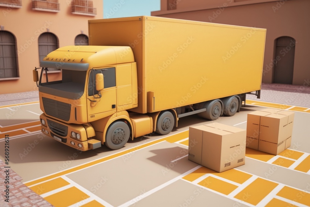 Illustration of yellow delivery truck with cardboard boxes, background. Generative AI Illustration of yellow delivery truck with cardboard boxes, background. Generative AI
