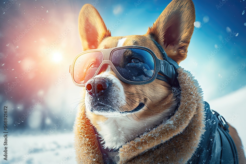 Dog with winter clothes and sunglases in the snow. Generative AI