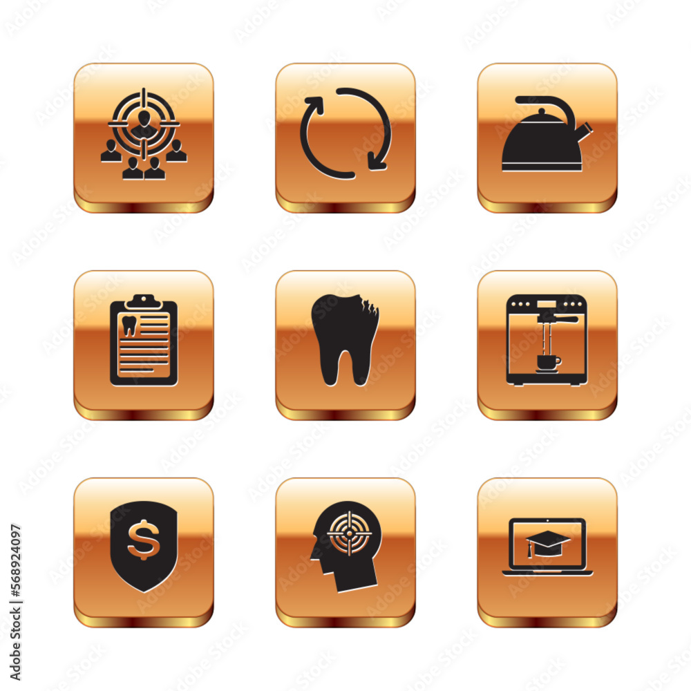 Set Marketing target strategy, Shield and dollar, Head hunting concept, Broken tooth, Clipboard with dental card and Kettle handle icon. Vector Set Marketing target strategy, Shield and dollar, Head hunting concept, Broken tooth, Clipboard with dental card and Kettle handle icon. Vector