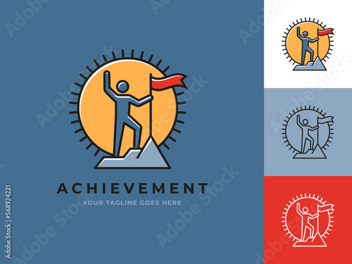 Logo with a man on the top of the mountain.