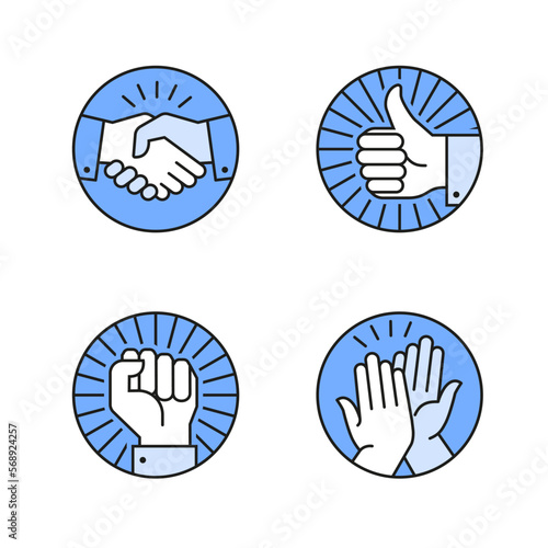 Handshake, high five, thumb up, raised fist icon.