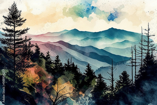National Parks - Great Smoky Mountains - Watercolor - Generative Art photo
