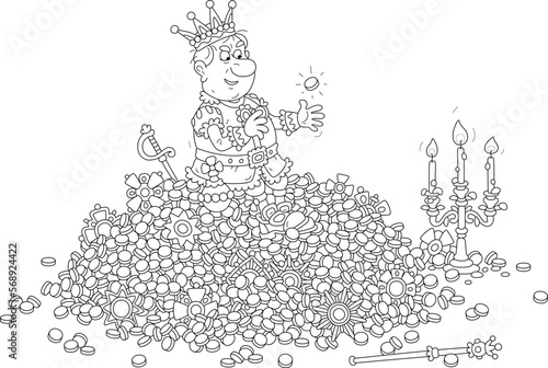 Angry king sitting on a large pile of gold coins and jewels from royal treasury and enjoying his incredible wealth, black and white outline vector cartoon illustration for a coloring book
