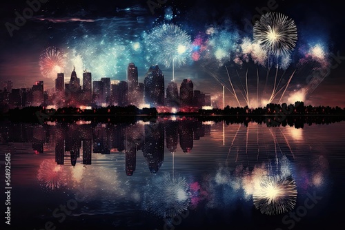 Fireworks exploding over a city skyline. Generative AI