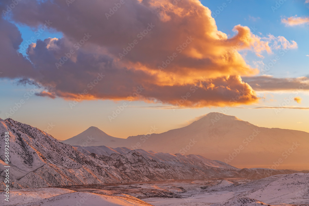 Beautiful panoramic view at the Ararat mountain on the sunset.  Armenia