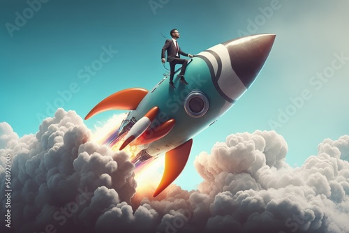 Business man flying on top of rocket, startup creation concept, digital illustration, Generative AI