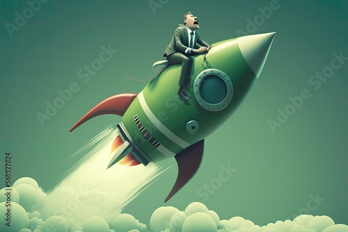 Business man flying on top of rocket, startup creation concept, green background, digital illustration, Generative AI