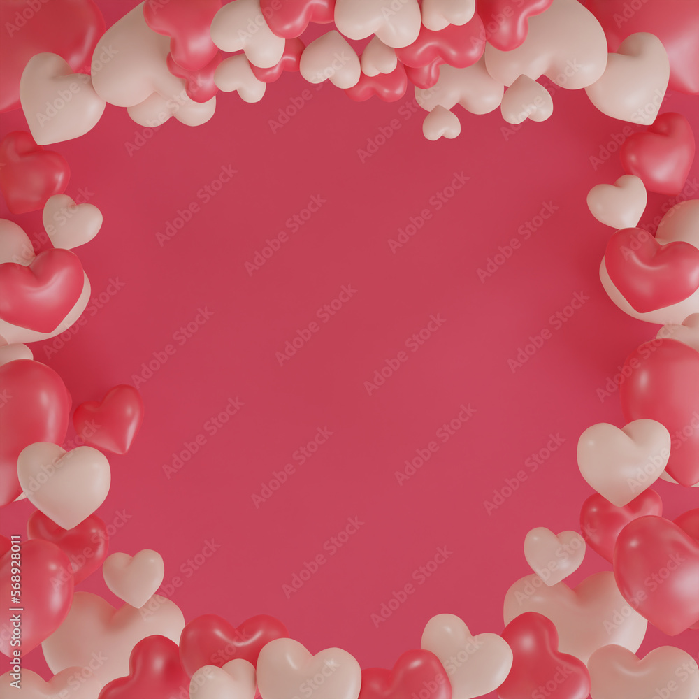 pink balloon heart frame. Bright helium balloons. Valentines day card. Heart shaped air balloon. Romantic border. on pink background. 3d render illustration