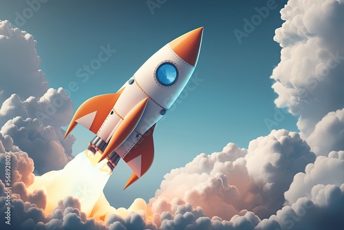 Rocket flying in blue sky with clouds, digital illustration, Generative AI