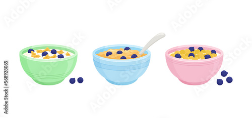 Cereal milk blueberry breakfast bowl vector icon, porridge and oatmeal, cornflakes and granola. Cartoon food plate set isolated on white background. Sweet kids eating illustration