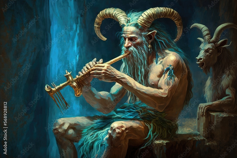 A satyr with goat, playing a pan flute with delight. Digital art painting, Fantasy art, Wallpaper. Generative ai. - obrazy, fototapety, plakaty 