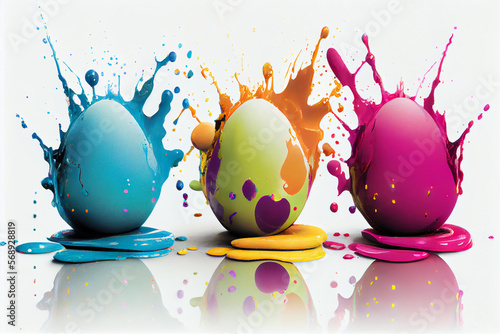 Wallpaper Mural drei Ostereier mit explodierender Farbe und Farbspritzer auf weißen Hintergrund mit Platzhalter - Generative Ai Torontodigital.ca