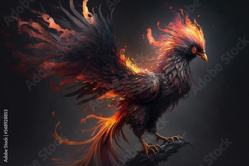 A phoenix with fiery red and orange feathers, rising from the ashes of its previous form. Digital art painting, Fantasy art, Wallpaper. Generative ai. © FantasyArtStation