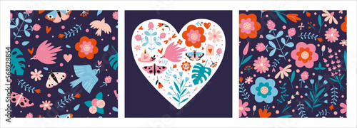 Set of elements in a spring, floral theme, including seamless patterns and a composition of various objects of nature, cartoon style. Trendy modern vector illustration, hand drawn, flat
