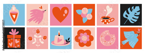 Set of romantic objects like heart, dove, candle and gift. Square colorful icons, cartoon style. Trendy modern vector illustration, hand drawn, flat