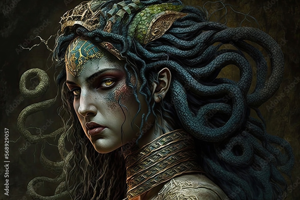 A gorgon with snakes for hair turning its enemies to stone with a