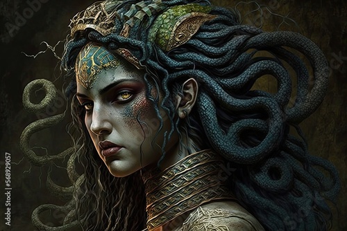 A gorgon with snakes for hair, turning its enemies to stone with a single glance. Digital art painting, Fantasy art, Wallpaper. Generative ai. photo