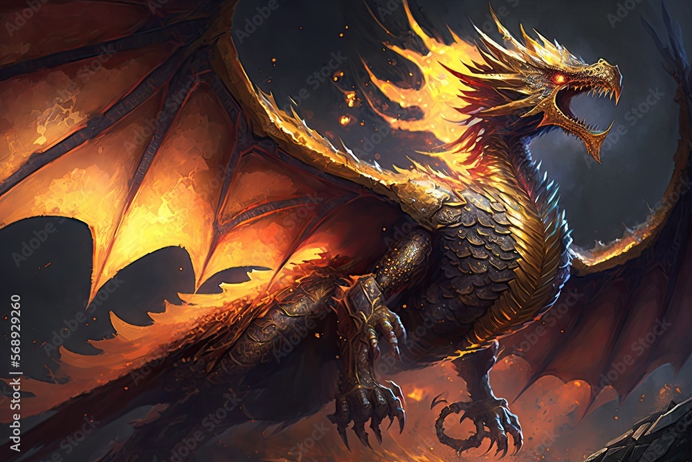 A dragon with golden scales, breathing fire and soaring through the sky with its massive wings spread wide. Digital art painting, Fantasy art, Wallpaper A dragon with golden scales, breathing fire and soaring through the sky with its massive wings spread wide. Digital art painting, Fantasy art, Wallpaper