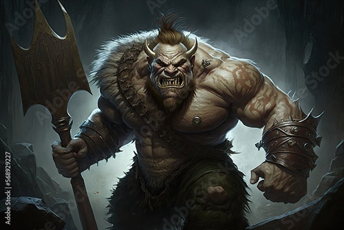 A giant ogre with thick, matted fur and jagged teeth, wielding a giant club. Digital art painting, Fantasy art, Wallpaper photo
