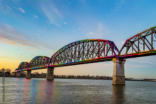 Big Four Bridge across Ohio River at Waterfront Park between Louisville, Kentucky and Jeffersonville, Indiana during sunset