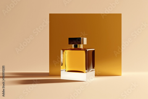 Perfumery. Minimal composition with perfume bottle on the table. Created with Generative AI technology. photo