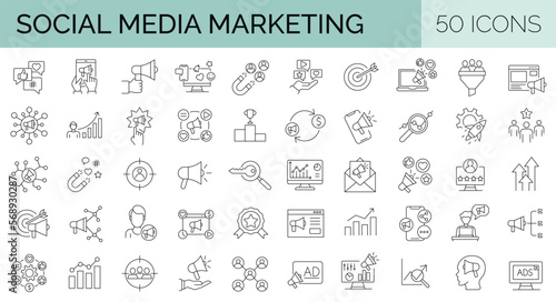 Set of 50 Digital media marketing icons. Data analytics, SEO, ads, business. Editable Stroke. Vector illustration. 