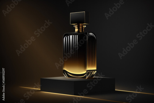 Perfumery. Minimal composition with perfume bottle on a dark background. Created with Generative AI technology. photo