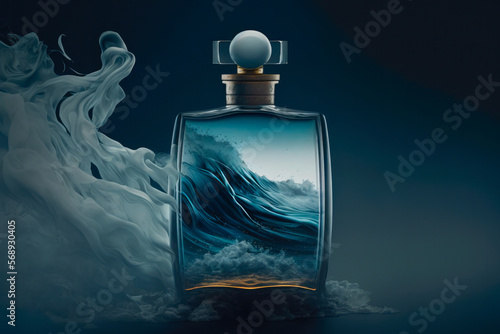 Perfumery, luxury fragrance. Concept made with empty perfume bottle and stylized waves. The concept of the element of the sea. Created with Generative AI technology.
