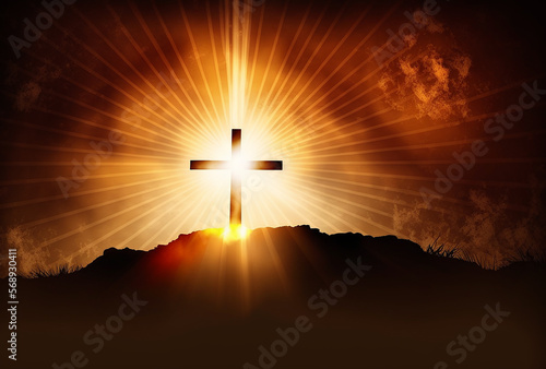  Illustration of good friday background with cross and golden sun rays. Generative AI