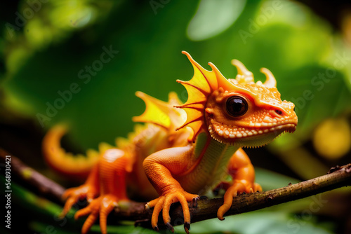 Realistic Adorable Bright Orange Fantasy Dragon Hatchling Resting on Branch Generative AI Photo