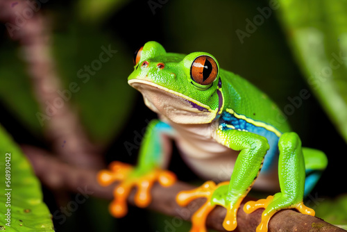 Close-up of a Red-Eyed Tree Frog on a Branch Generative AI Photo