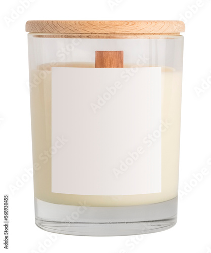 Scented handmade candle in a glass with a wooden lid on a transparent background. Soy wax candle with wooden wick. isolated object. Element for design, front view