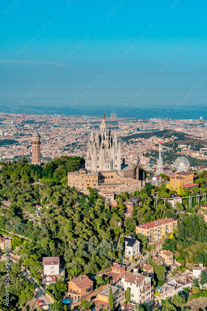 Aerial view of Temple of the Sacred Heart of Jesus of Barcelona. Cityscape from helicopter. top view, On the Tibidado mountain