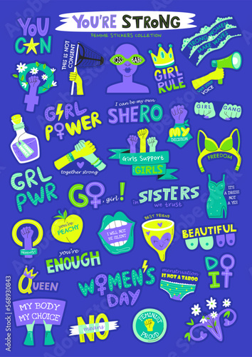 Feminist movement badges with hand-drawn lettering quotes. Female solidarity stickers set with feminism symbols. Women empowerment collection with inspirational slogans. Flat vector illustration