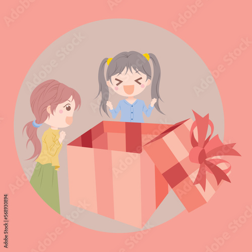 Open a big pink gift box and find a girl with brown hair and a girl with black hair