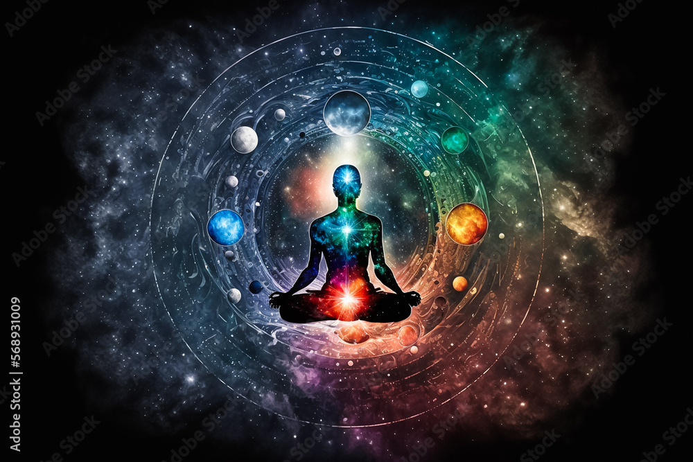 human meditating to activate all seven chakras isolated universe background. Generative AI - obrazy, fototapety, plakaty 