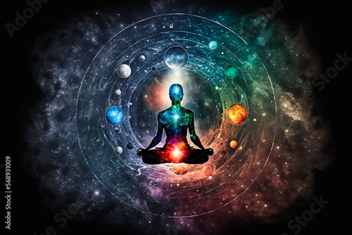 human meditating to activate all seven chakras isolated universe background. Generative AI