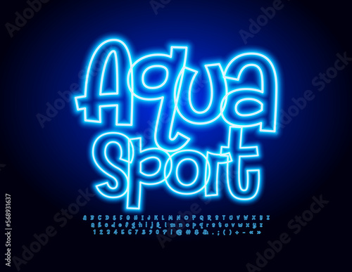 Vector glowing sign Aqua Sport with Blue handwritten Font. Neon Alphabet Letters, Numbers and Symbols set